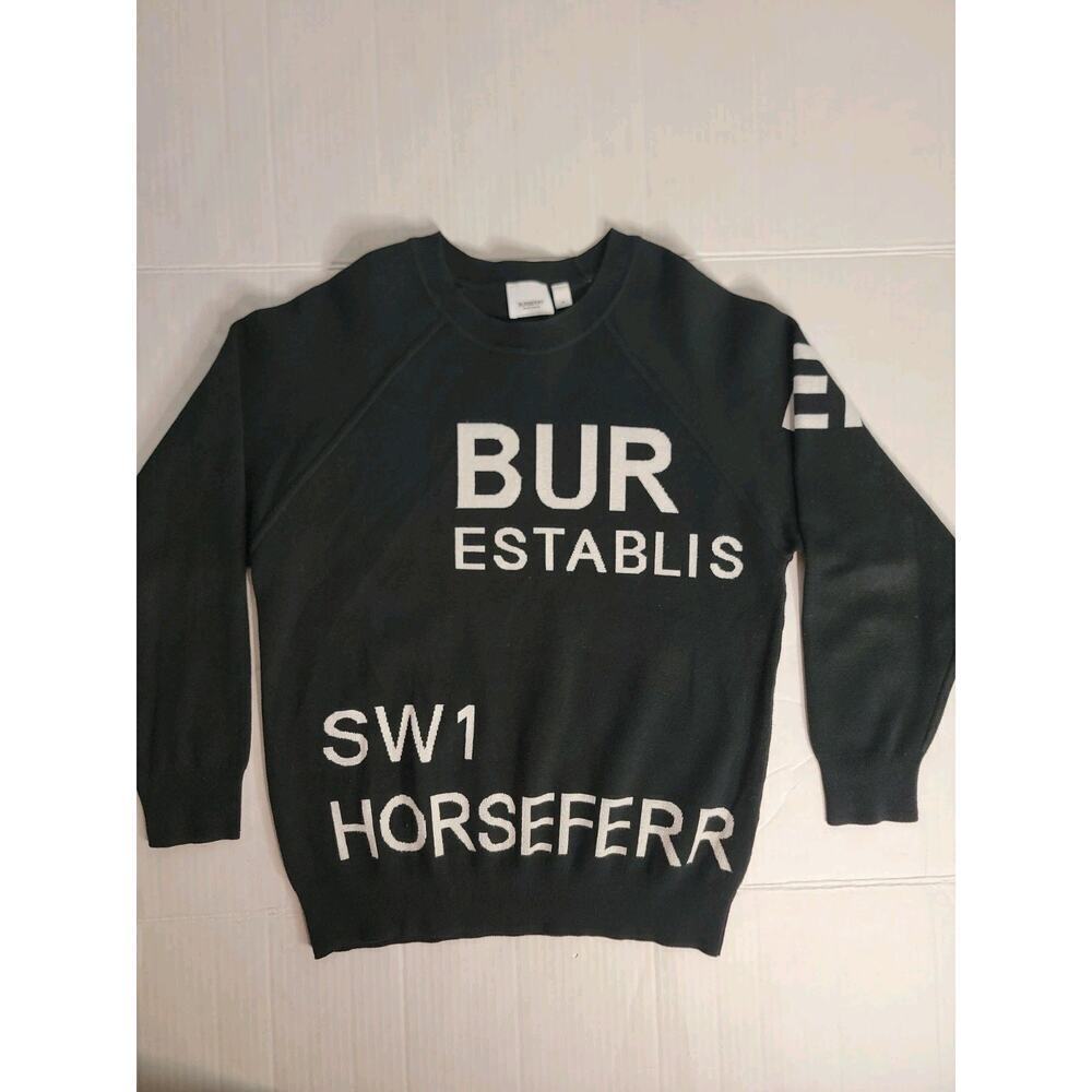 Burberry Logo London Horse Ferry Sweater Mens M Crewneck Merino Spellout Black